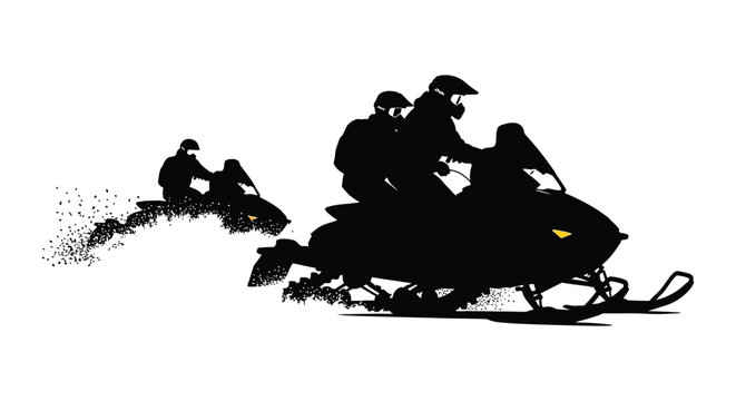 A black silhouette graphic showing two people riding on a snowmobile with another person riding a separate snowmobile behind them