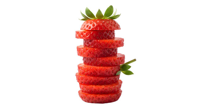 A tall stack of fresh red strawberry slices with green leaves arranged vertically isolated on transparent background