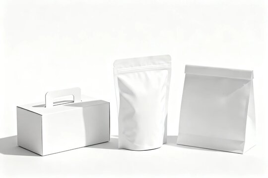 White Packaging Mockup Set with Box, Pouch, and Bag