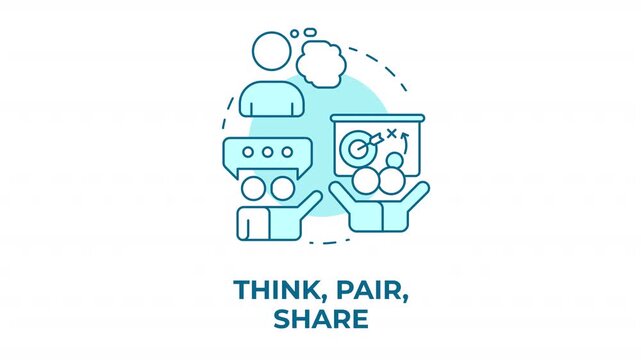 Think pair and share blue concept icon animation. Collaborative learning strategy. Active student engagement. Knowledge exchange. Cyan circular animated abstract idea. HD video with alpha channel