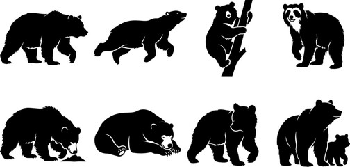 Bear Species Silhouette Collection Featuring Brown Polar Asiatic Black Spectacled Sloth Sun Juvenile and Mother Bear Vector Bundle © Designer Arjun