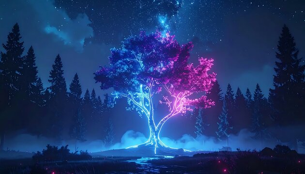 Mystical forest scene with glowing purple trees at night.