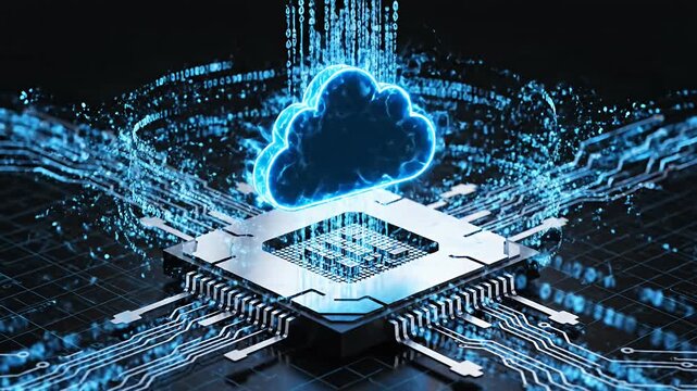 Computer chip with glowing cloud icon on top