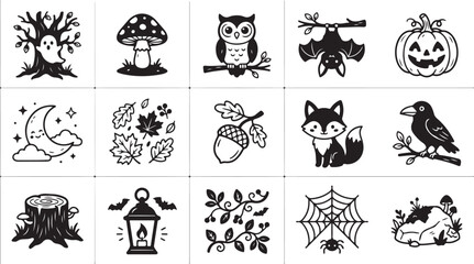 Obraz premium Set of cute black and white autumn and halloween hand drawn doodle icons and forest elements