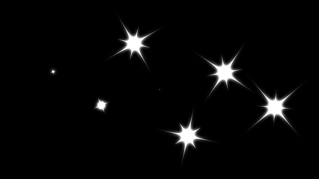 Elegant white star sparkle animation with glowing twinkle effects, shimmering glitter bursts, retro doodle vector stars, seamless festive overlay on black screen background rendered in 4K.