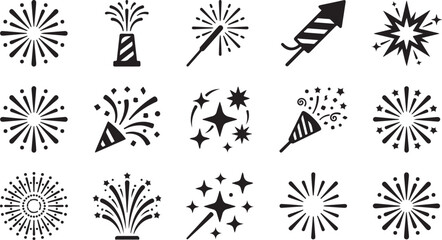 Fototapeta premium Set of black and white firework icons and party celebration symbols for festive holiday design