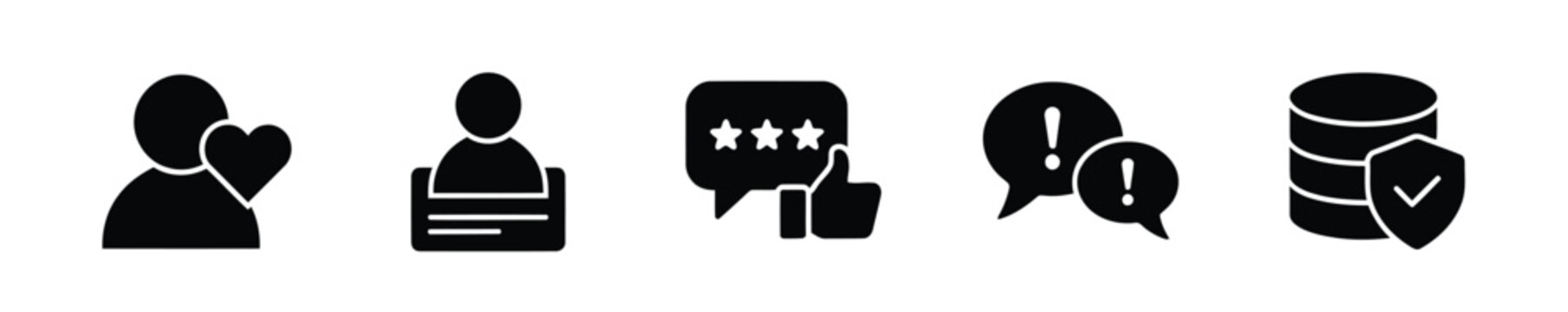 Set of black customer service icons including loyal customer heart, support agent desk, star rating with thumbs up, warning chat bubbles and secure database shield, vector icon set for business today