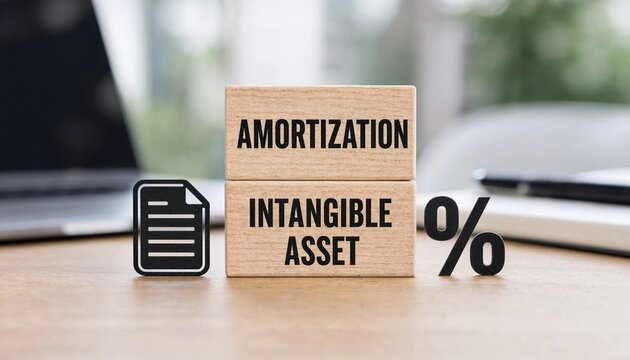 Conceptual image showing amortization of intangible assets with document and percentage symbols on wooden blocks