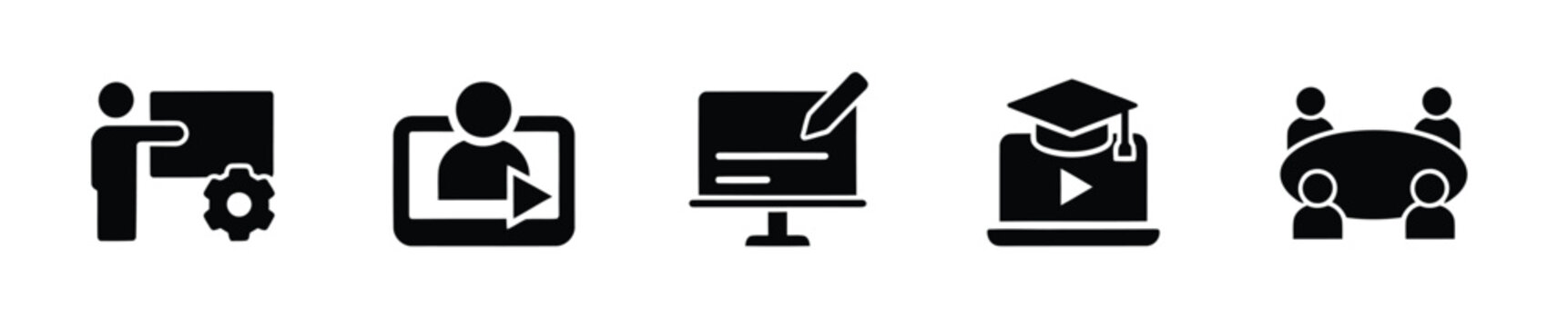 Set of black training and education icons including instructor with boards, video tutorial, online course, graduation cap on laptop and meeting table, flat vector icon collection for e-learning tools
