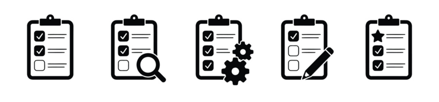 Set of black clipboard checklist icons including completed task list, search checklist, settings gear checklist, edit checklist with pencil and star rated list, vector icon set for business app today