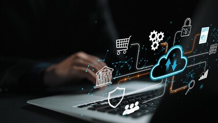 Modern Technology in Digital Banking with Cloud Computing, Data Security, Icons and User...