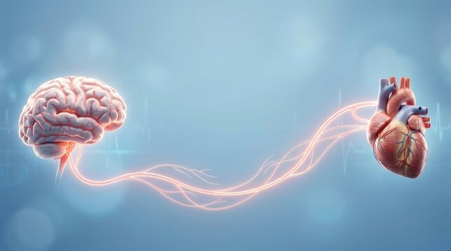 Brain and heart connection concept with glowing neural pathway on blue background