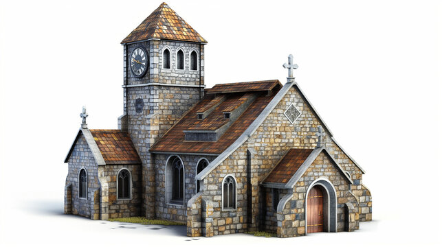 Rustic Stone Church with Clock Tower and Sloped Roofs