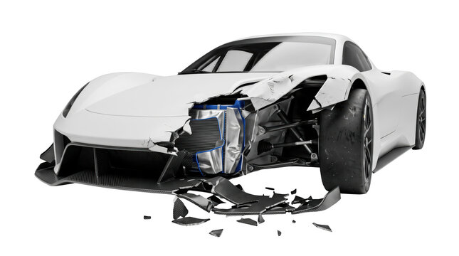 White sports car involved in a heavy road accident with a shattered front bumper and broken car parts on the ground isolated on transparent background