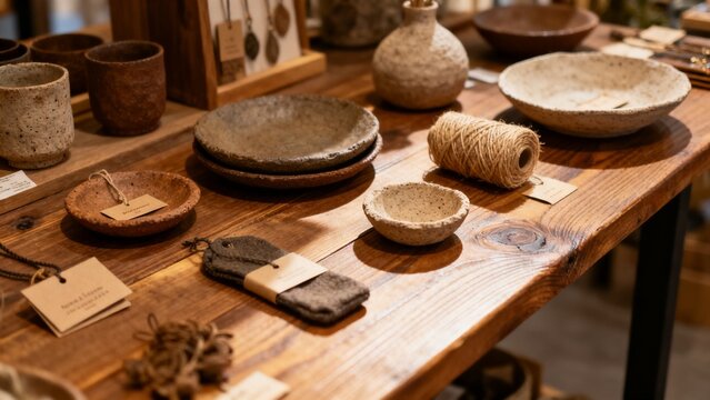 Independent retail display with ceramic pieces natural wood shelf local ret