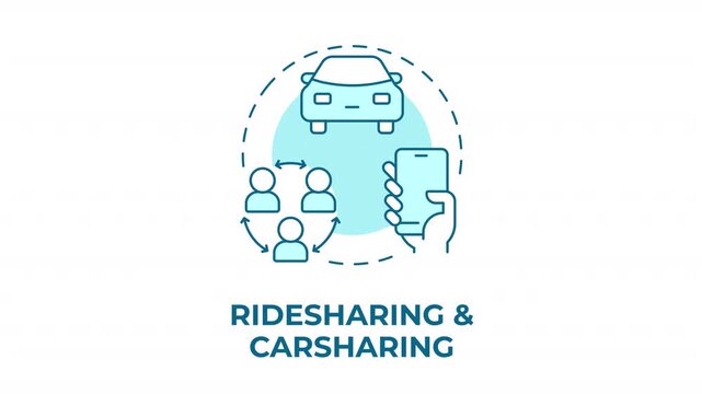 Ridesharing and carsharing blue concept icon animation. Shared transportation system. Sustainable transit networks. Cyan circular animated abstract idea. HD video with alpha channel