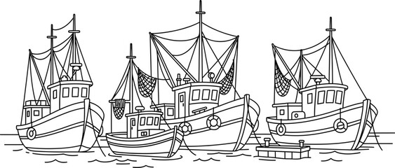 Fishing boats illustration, line art, maritime scene with vessels at sea, nautical transport © Roset