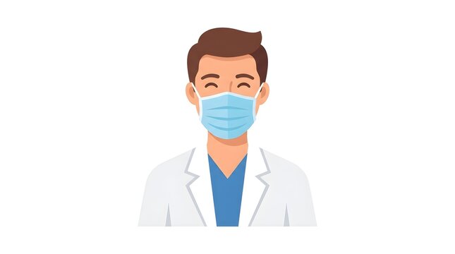  Male doctor wearing blue surgical face mask and white coat, flat vector illustration of a friendly healthcare professional on a clean white background