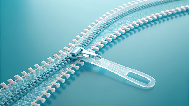 Close-up of new metal zipper teeth on fabric. Pristine interlocking fastener detail for fashion design and manufacturing.