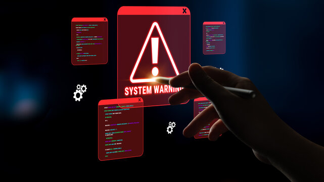 Digital Interface with System Warning Notification and Programming Code Displayed on Dark Background for Technology and Cybersecurity Themes Haptic.