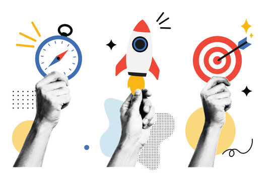 Halftone Collage with Hands Holding Speedometer, Rocket, and Target Dartboard. Business Goal Performance and Startup Launch Concept in Retro Pop Art Style