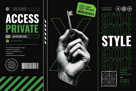 Halftone Collage with Hand Holding Key and Access Private Typography. Top Secret Invitation-Only VIP Concept in Techno Retro Style with Black and Neon Green