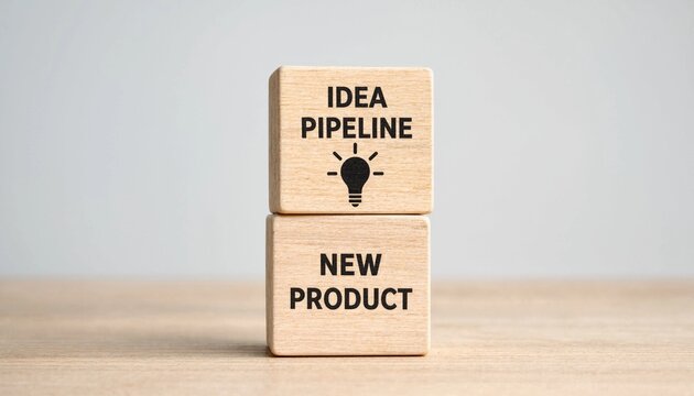 Creative wooden blocks illustrating idea pipeline leading to new product development concept