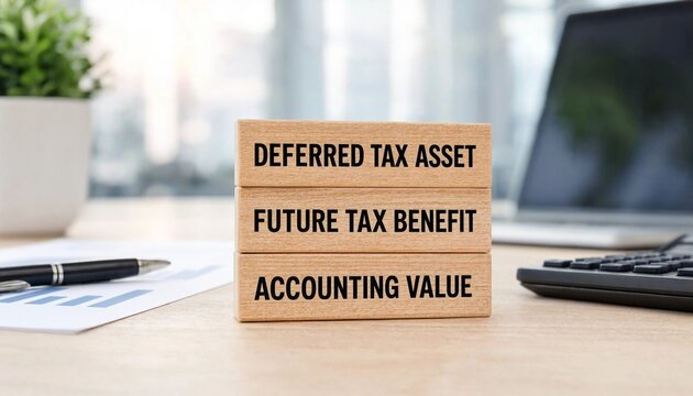 Deferred Tax Asset Concept Displayed with Wooden Blocks on Office Desk Showing Accounting and Future Tax Benefit Terms