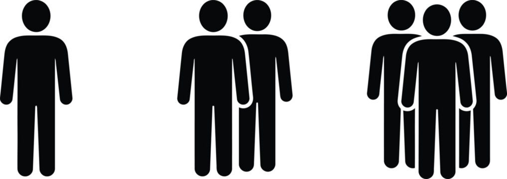 Black silhouette human icon set showing one two and three people standing