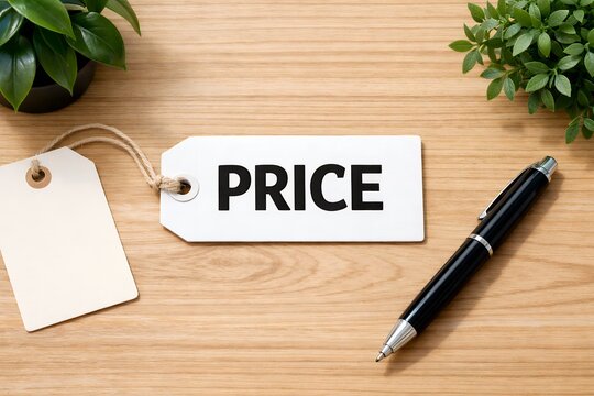 木目テーブルにPRICEと書かれたプライスタグとペン俯瞰ビジネス会計