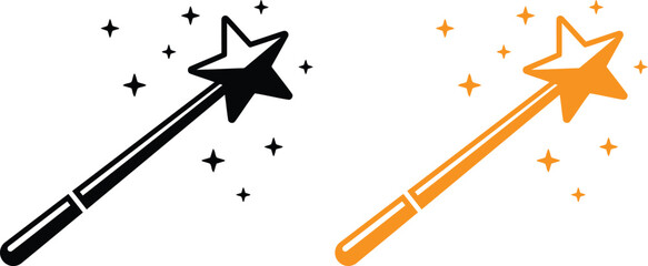 Black and orange magic wand icons with sparkling stars © JESMIN