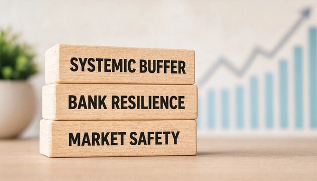 Financial stability concept illustrated with systemic buffer bank resilience and market safety wooden blocks against growth chart