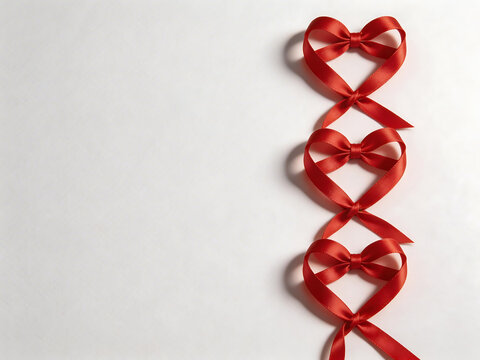 Red ribbon hearts on white background
