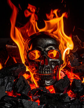 Dark metallic skull surrounded by powerful flames and glowing embers, burning charcoal, deep black background, intense orange and red firelight, Halloween horror concept. Close-up.