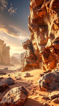 Desert Rock Canyon Landscape Featuring Warm Sunset Light And Rugged Cliff Textures For Natural Wallpaper Design