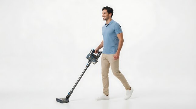 Photorealistic full body portrait of a Latino man vacuuming the floor with a modern vacuum cleaner, relaxed smile