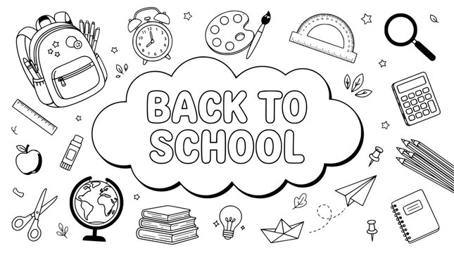 Back to school doodle vector banner, hand drawn educational supplies coloring page, black and white school stationery icons set for students