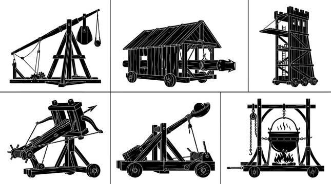 Ancient Siege Warfare Engines Icon Set Featuring Catapult Ballista Tower Battering Ram and Medieval Equipment
