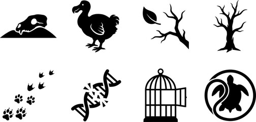 Extinction Conservation Silhouette Vector Bundle Featuring Dodo Fossil DNA Bird Cage Turtle Tracks and Nature Elements Collection © Designer Arjun