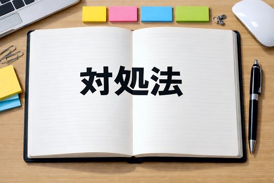 「対処法」と書かれたノートと木目デスク上のビジネスツール俯瞰