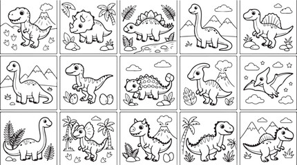Set of cute dinosaur coloring pages for kids with various prehistoric animals and landscape scenes © Mostafizur