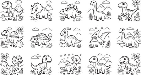 Collection of cute dinosaur coloring page illustrations for kids with prehistoric nature scenes © Mostafizur