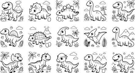 Set of cute cartoon dinosaurs for kids coloring book page with various prehistoric animals © Mostafizur