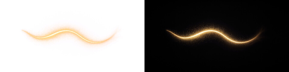 Golden light trail, glowing wavy line effect, shimmering magic spark trail on black and white © Vectrology