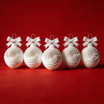 White spiral Christmas ornaments on red