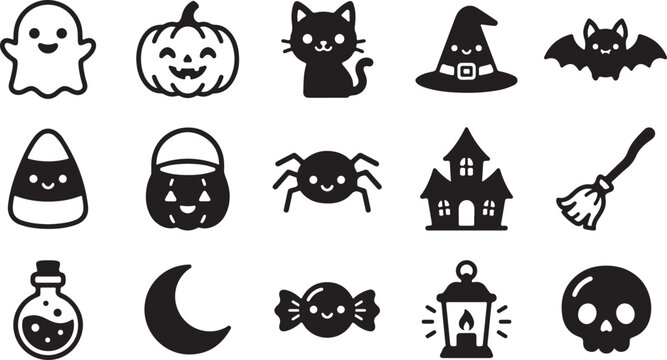 Cute halloween icon set with black silhouettes of ghost pumpkin cat bat and spooky holiday items