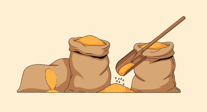Classic illustration of large burlap sacks filled with grain and a metal scoop shovel spilling golden seeds on the ground.