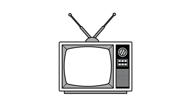 Retro black and white style CRT television receiver with rabbit ears antenna isolated on a clean white background.