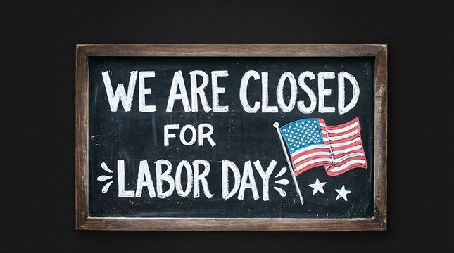 Chalkboard sign with the text we are closed for labor day with a drawing of an american flag and stars on a black background