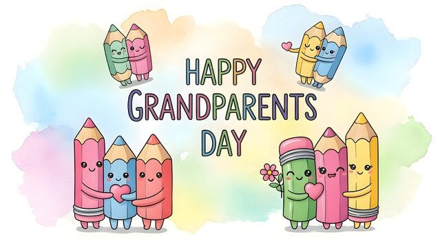 Cute cartoon pencils characters celebrating grandparents day, illustration with colorful watercolor background